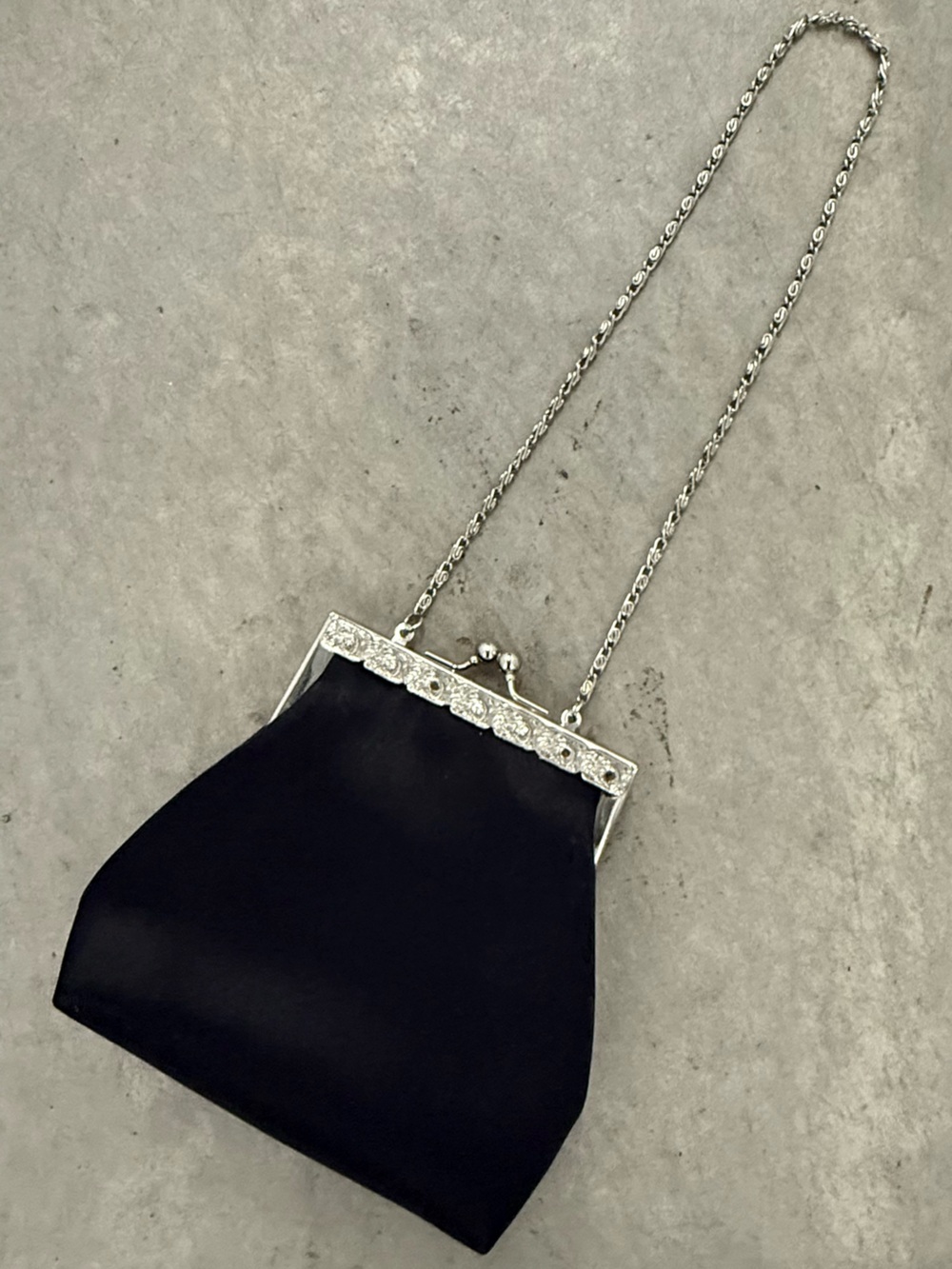 Vintage Black Satin Evening Bag with Silverplate and Rhinestone Accents